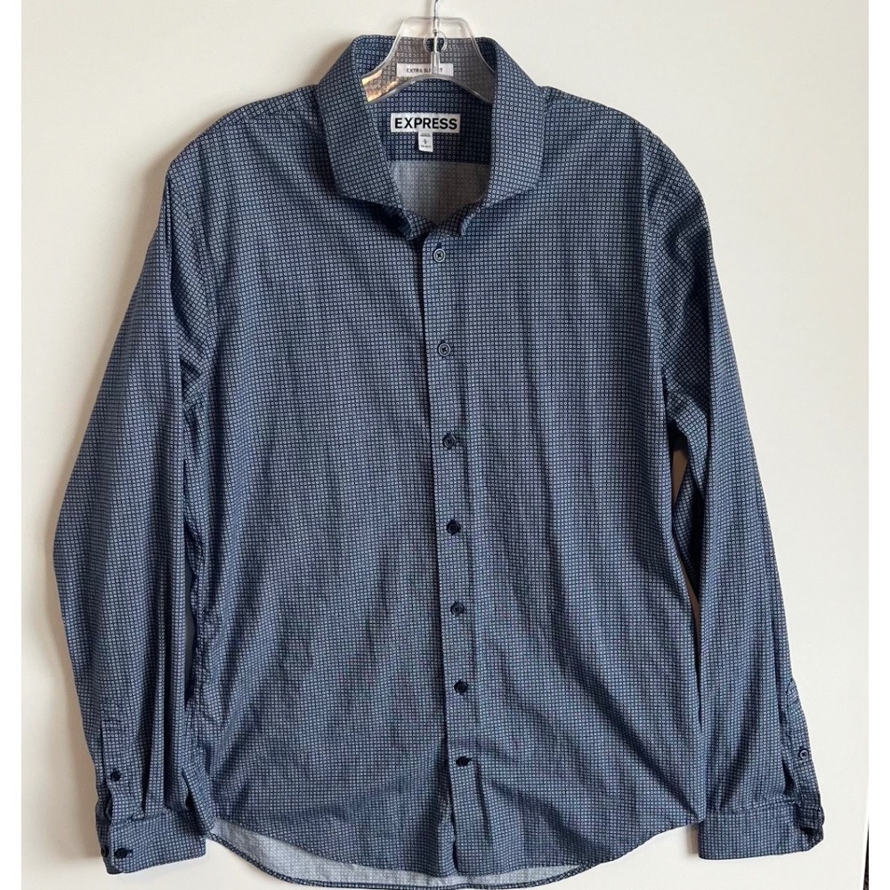 Express Extra Slim Fit Shirt Mens Large 16-16.5 Navy Blue Geometric Cotton L/S